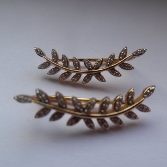 Macy's Diamond Leaf‎ Cuff 10K Gold Leaves Earrings - Picture 4 of 7